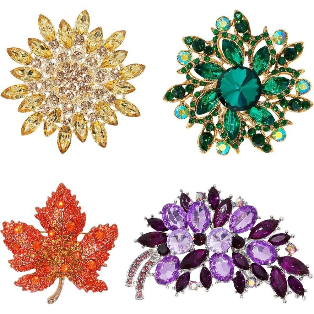 4 Pcs Gold Brooches for Women Pearl Rhinestone Flower Decorative Jewelry